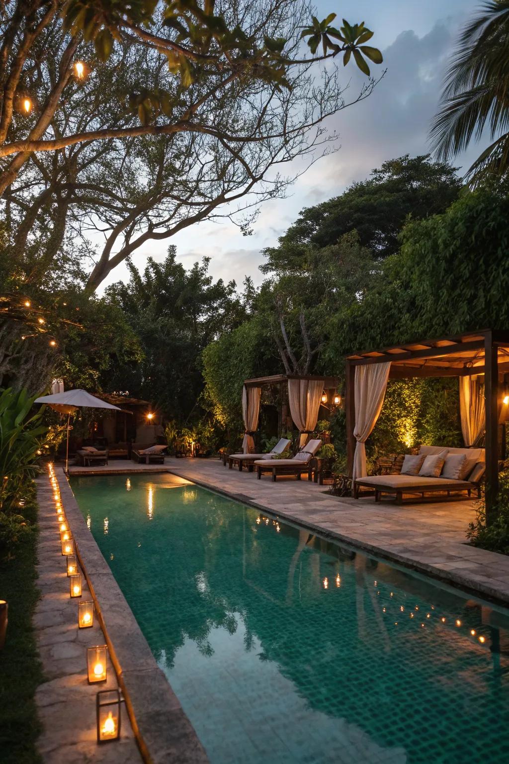 Gentle ambient lighting establishes a serene and welcoming poolside vibe.