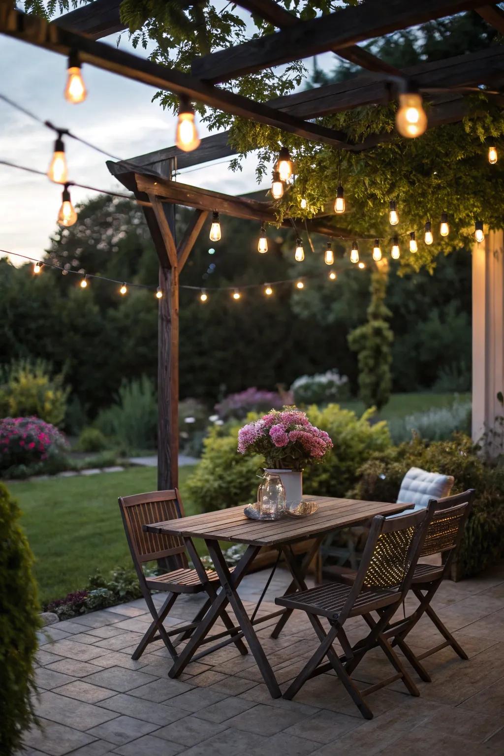 Adorn your patio with the soothing illumination of fairy lights.