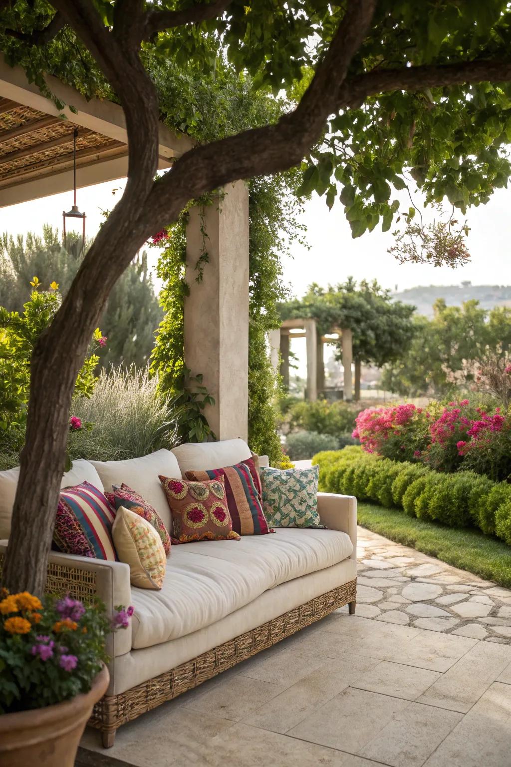An elegant sofa paired with bright cushions crafts an inviting outdoor relaxation area.