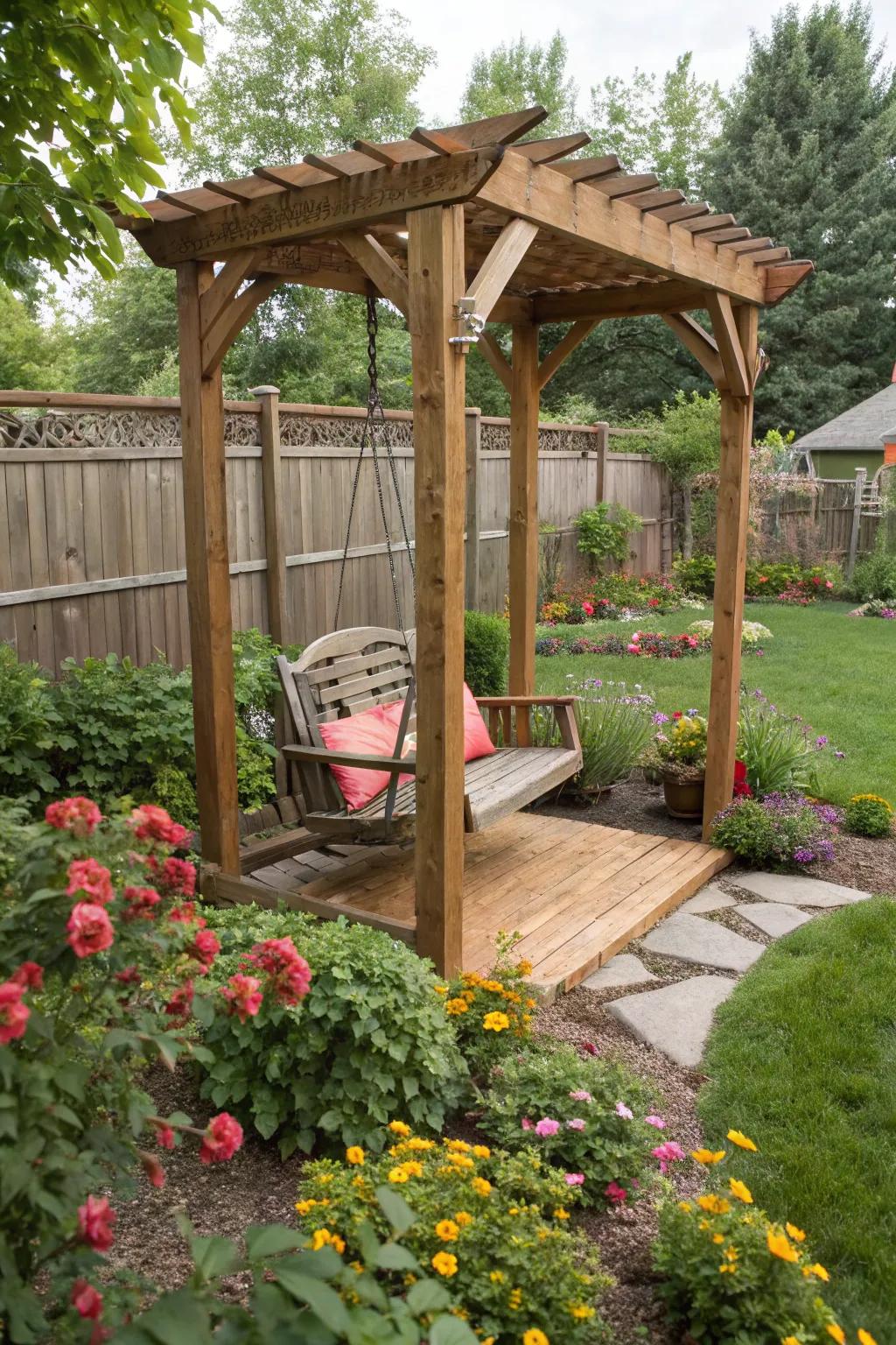 A welcoming bower with a swing sets the stage for starlit relaxation.