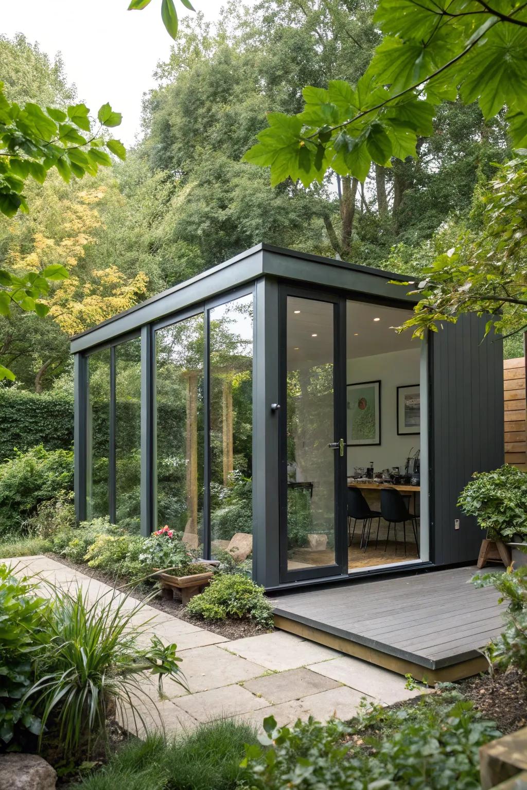 A modern, stylish garden office pod provides both solitude and aesthetic appeal.