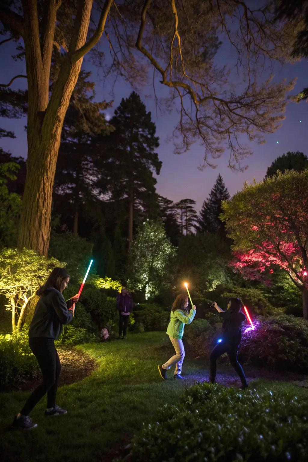 Night game of glow stick tag in a backyard setting