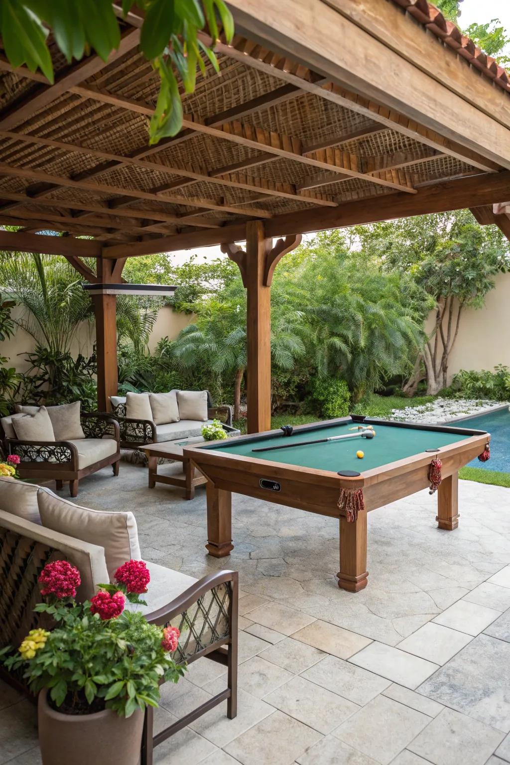 An intimate billiard arrangement nestled under a timbered arbor, complete with chairs and verdant vegetation.