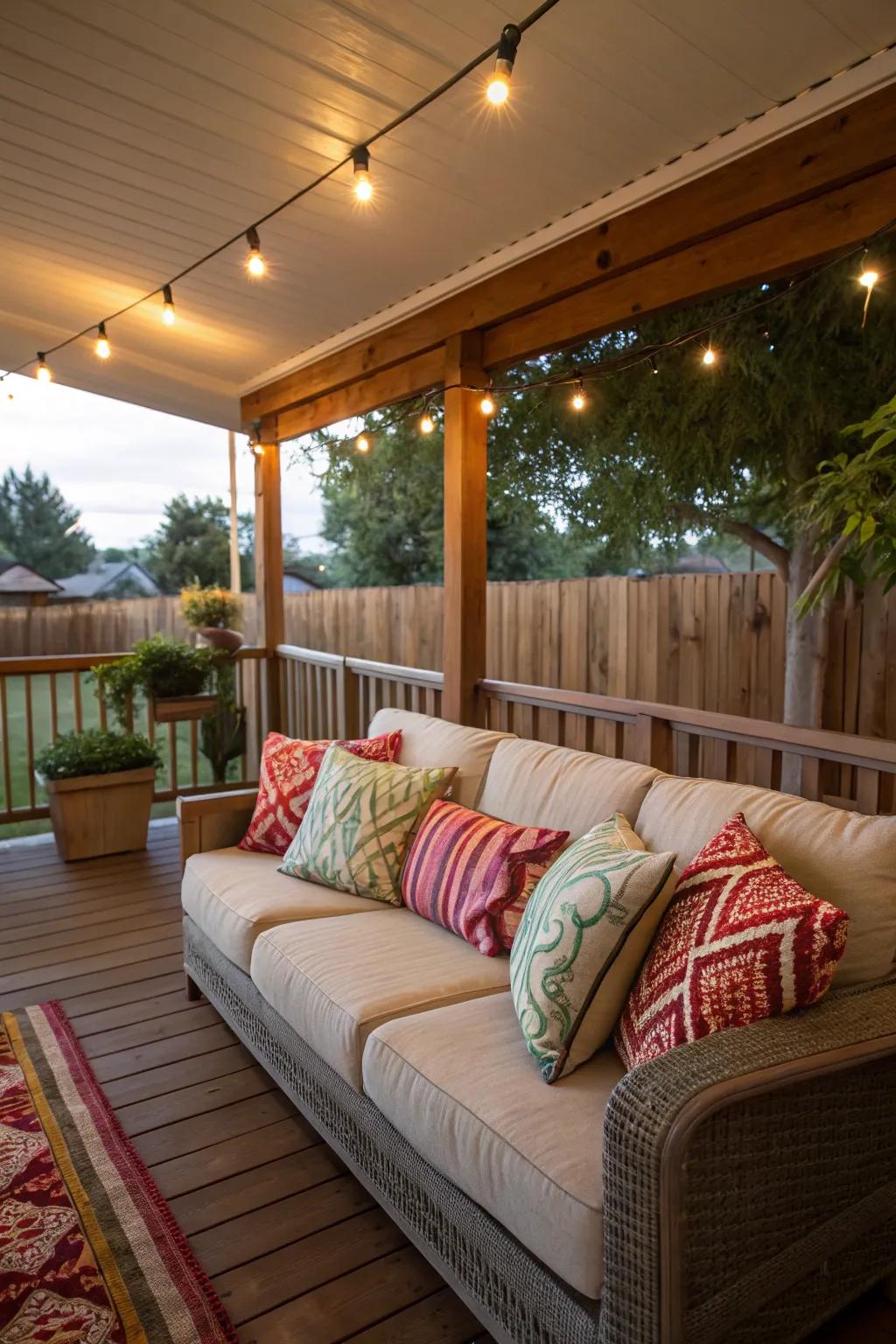 A comfortable sofa complemented by vibrant cushions creates an attractive porch setting.