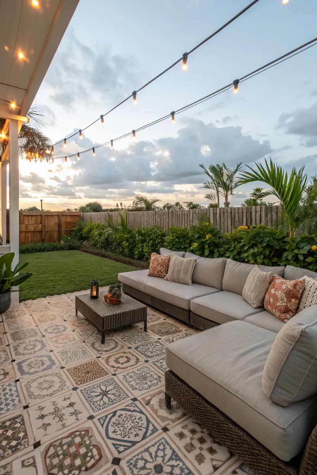 Craft a welcoming lounge spot using stylish patio tiles.