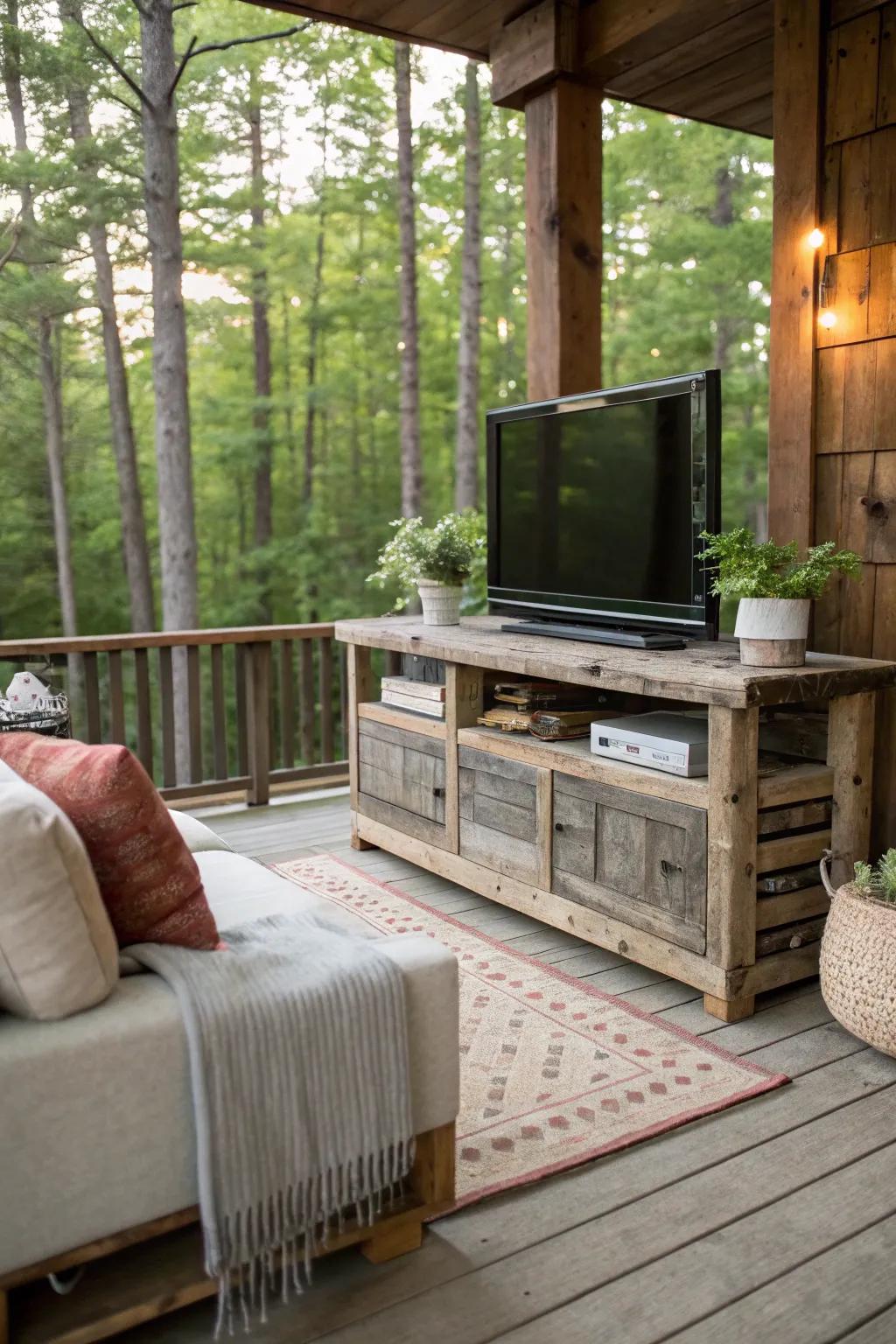 An appealing rustic wood TV stand that complements its surrounding environment.