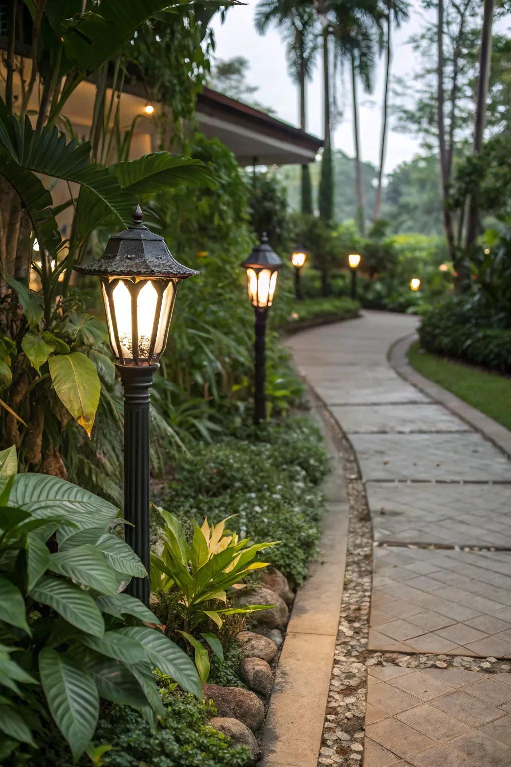 Traditional path lights establish an inviting walkway.