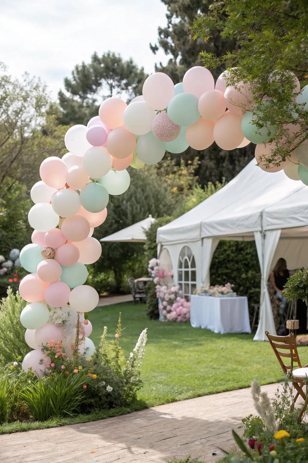 Balloons in delicate tints fashion a cheerful and fanciful entryway.