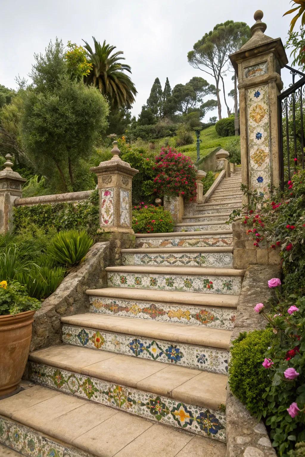 Distinctive stone steps showcasing a creative mosaic design.