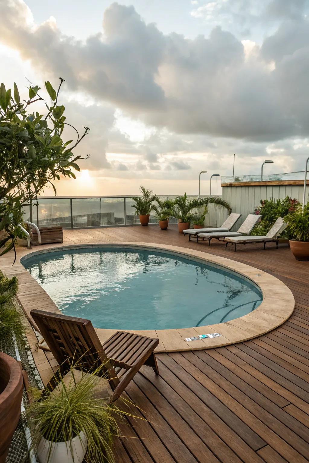 A timber deck brings warmth and character to this oval pool setting.