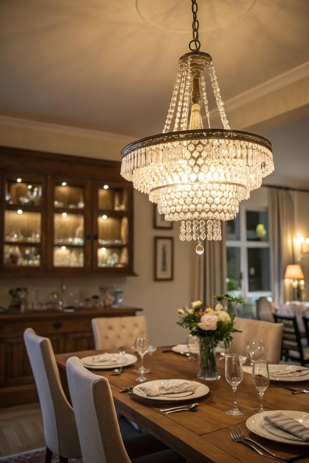 A crystal chandelier brings a dash of refinement to this dining area.