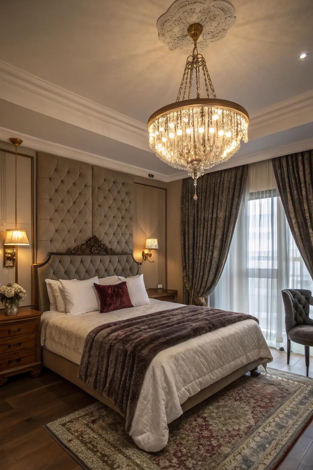 A chandelier enhances the room with sophistication and opulence.