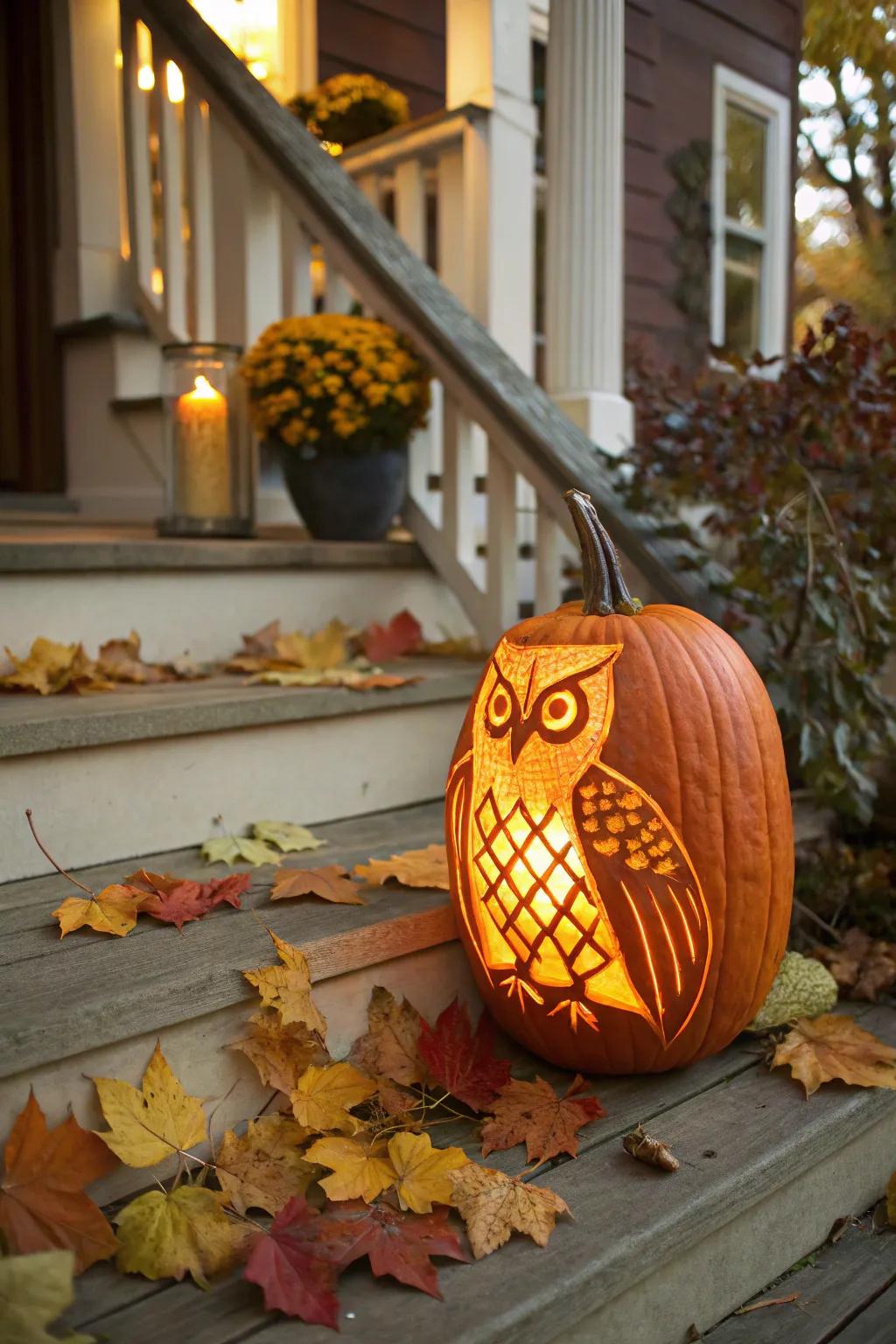 A classic feathered owl pumpkin carving, ideal for a welcoming porch setting.