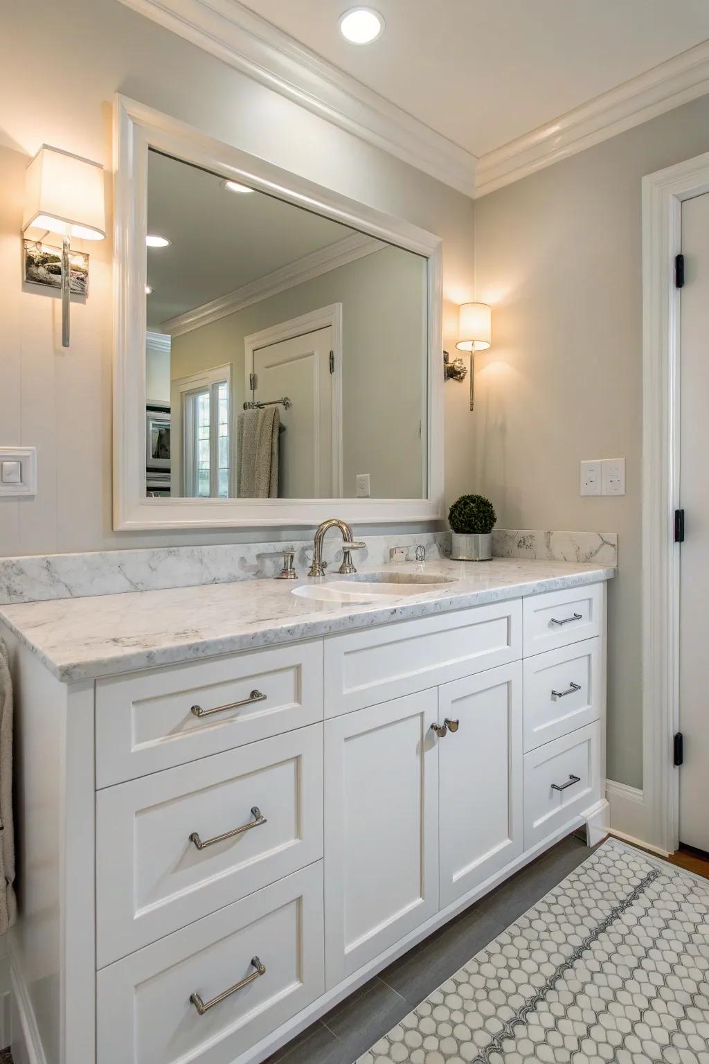 A bright white vanity provides a clean, up-to-date feel.