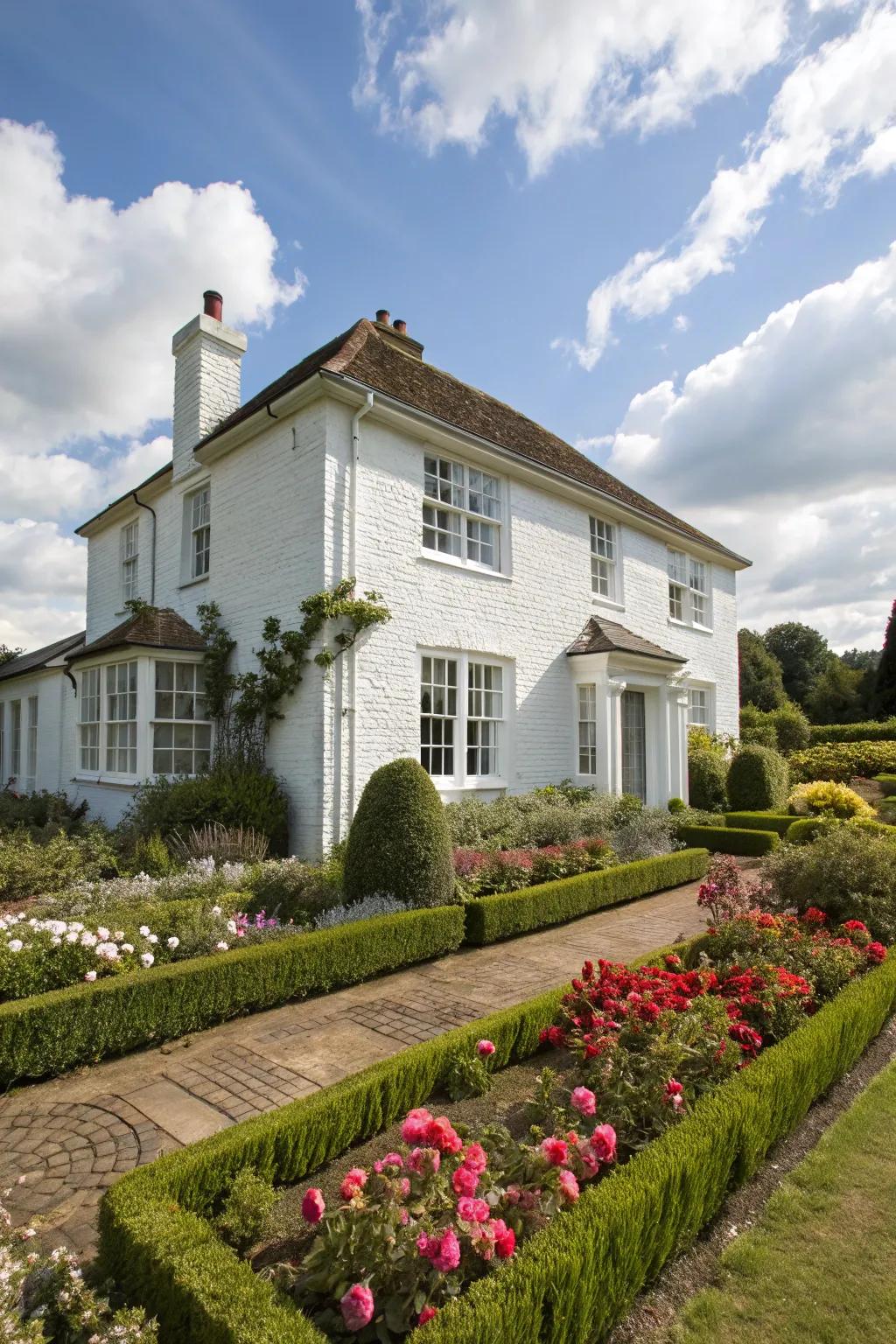A brick house painted in classic white radiates allure and refinement.