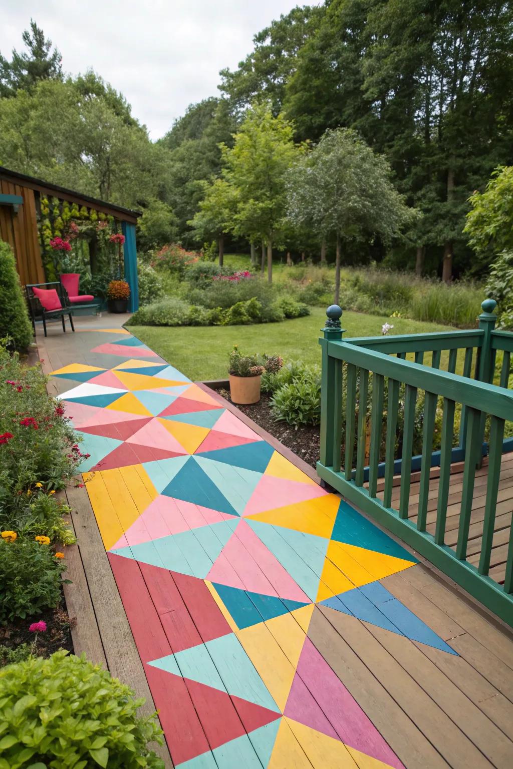 A deck brought to life with vibrant geometric designs, making a bold statement in the outdoor setting.