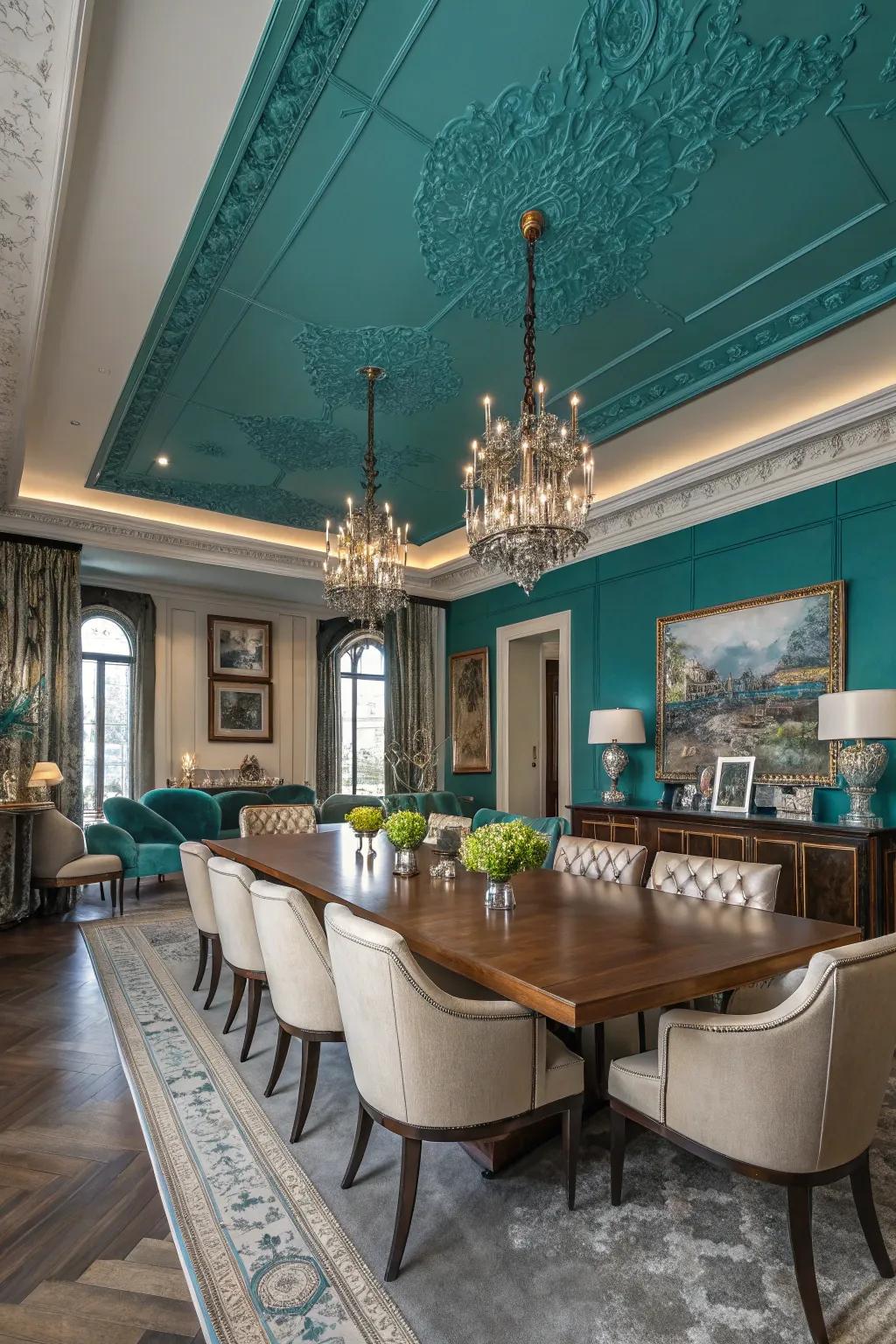 Striking colors transform the ceiling into the room's focal point.