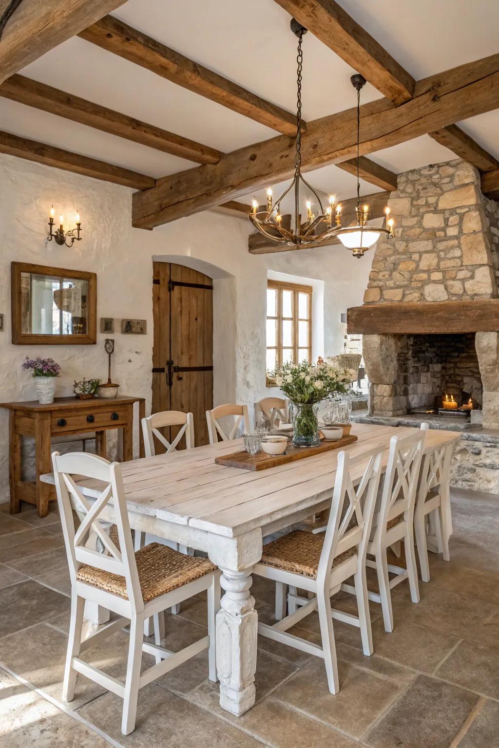 A weathered white finish brings rustic charm to any dining table.