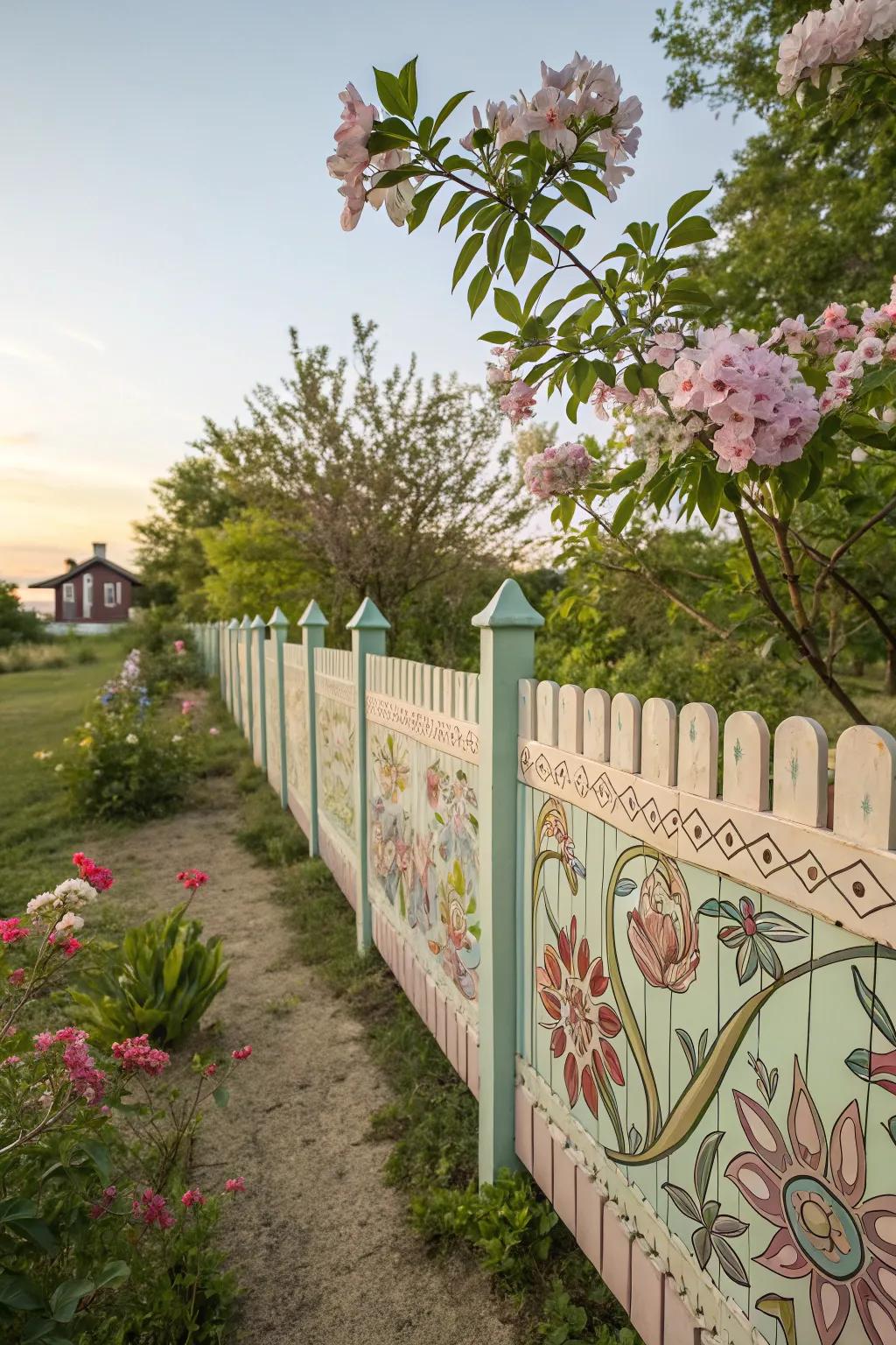 Floral patterns seamlessly merge with surrounding greenery.