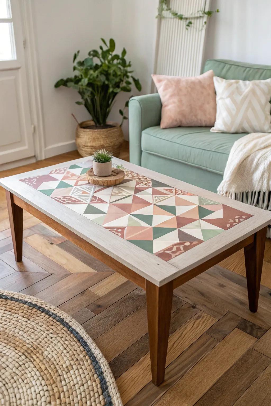 Elevate your space with a captivating geometric painted center table — a fusion of minimalist design and boho elegance.