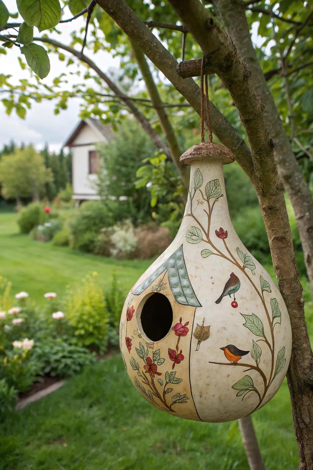 An enchanting gourd turned birdhouse adorned with natural themes.