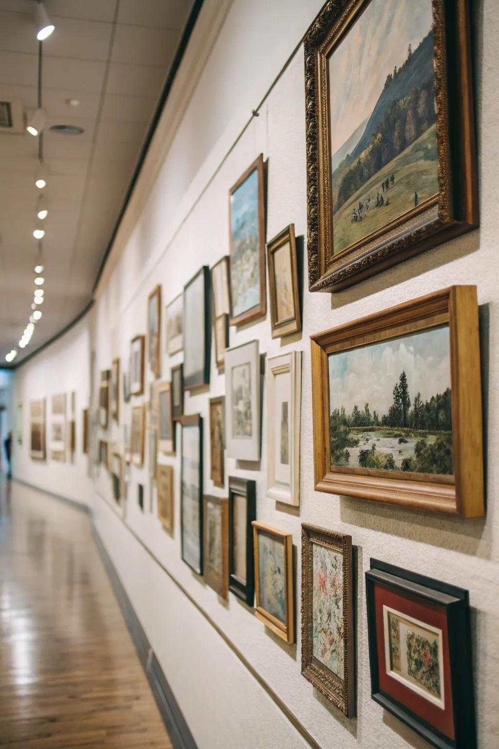 A diverse display wall featuring various frame designs and dimensions.