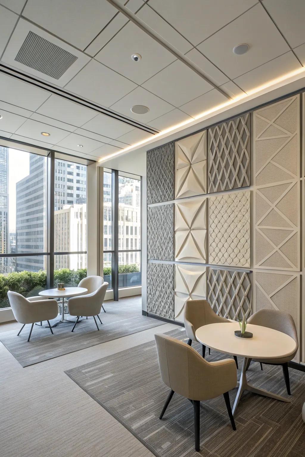 Contemporary workplace showcasing geometric panel designs in understated hues.