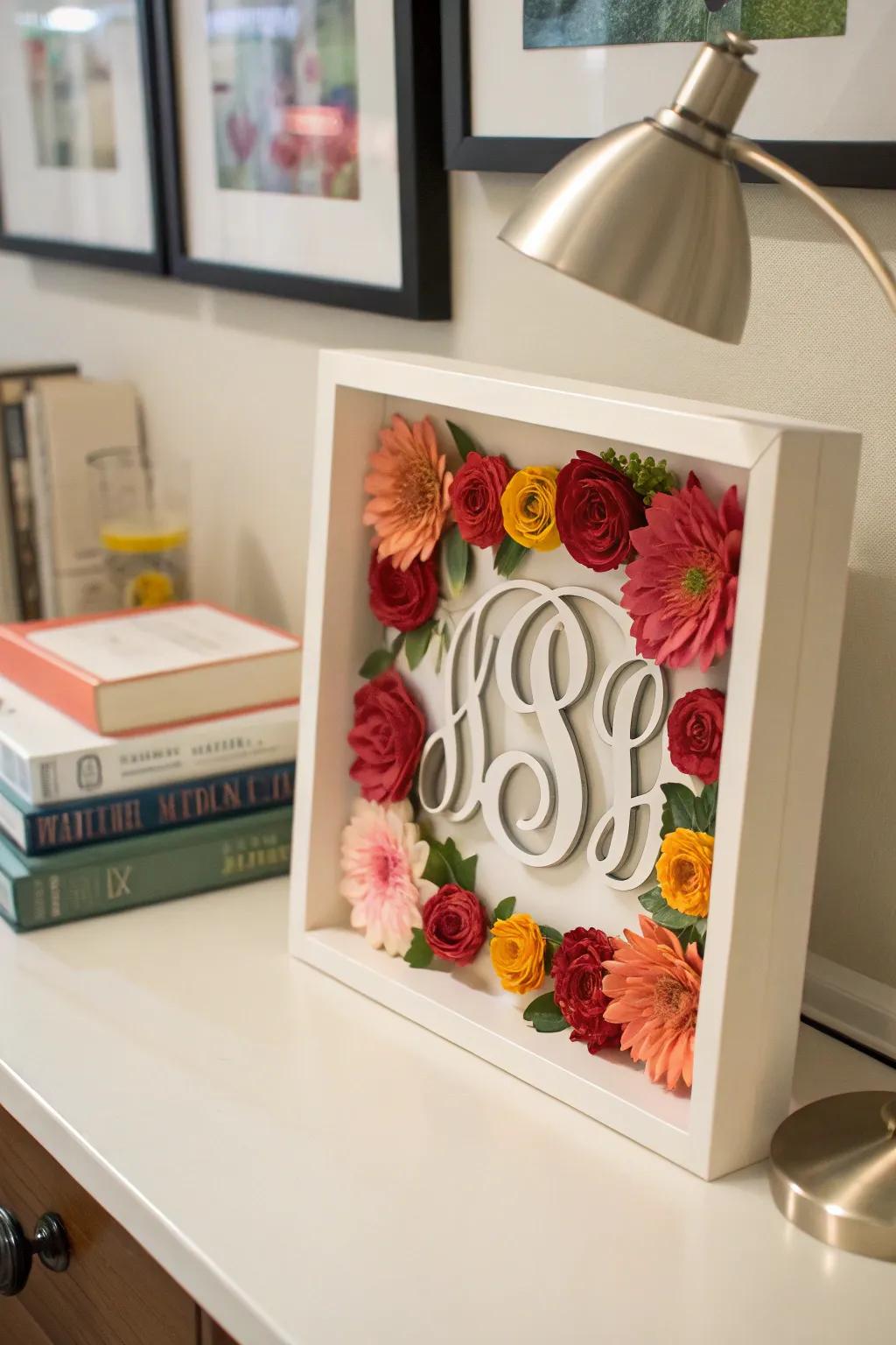 A monogrammed shadow box provides a tailored element to any area.