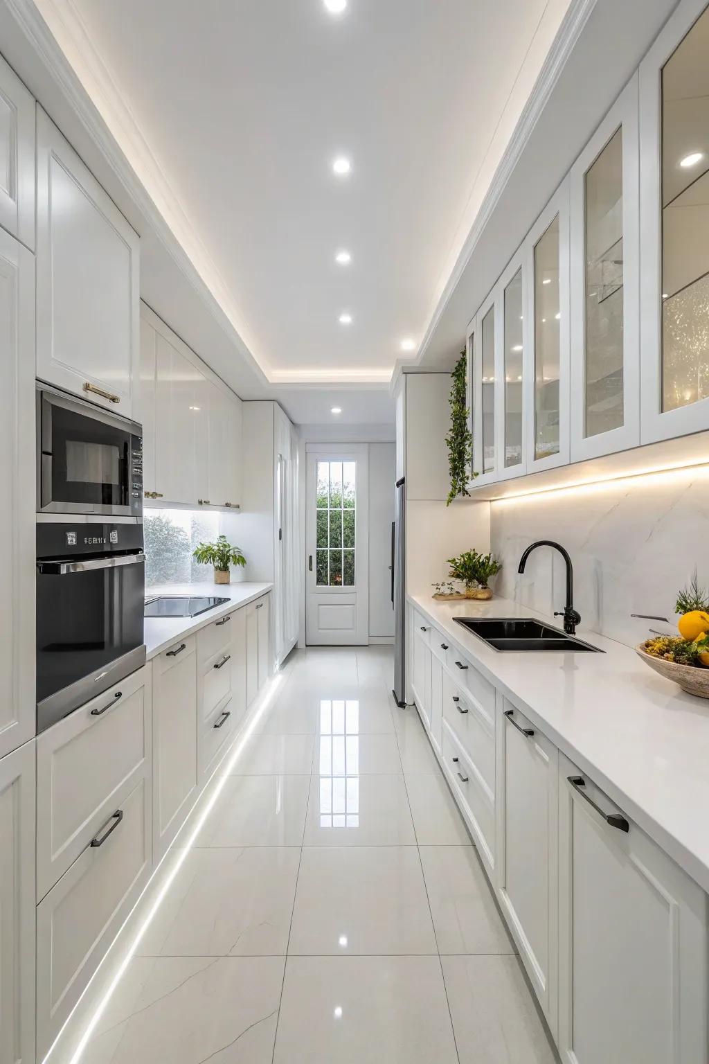 A kitchen bathed in white, designed to maximize space and elegance.