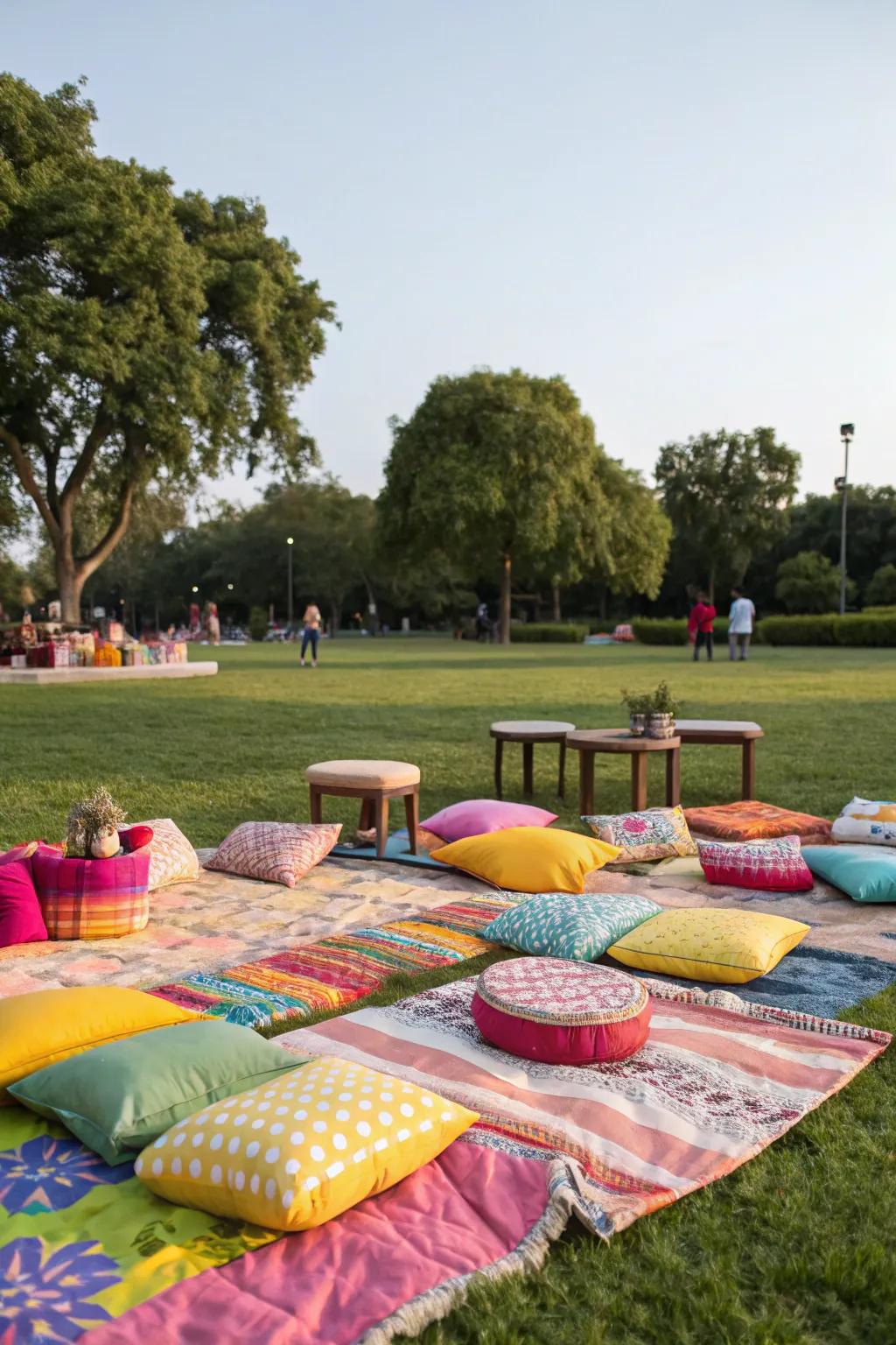 Comfortable picnic blankets and cushions create a relaxed seating area.