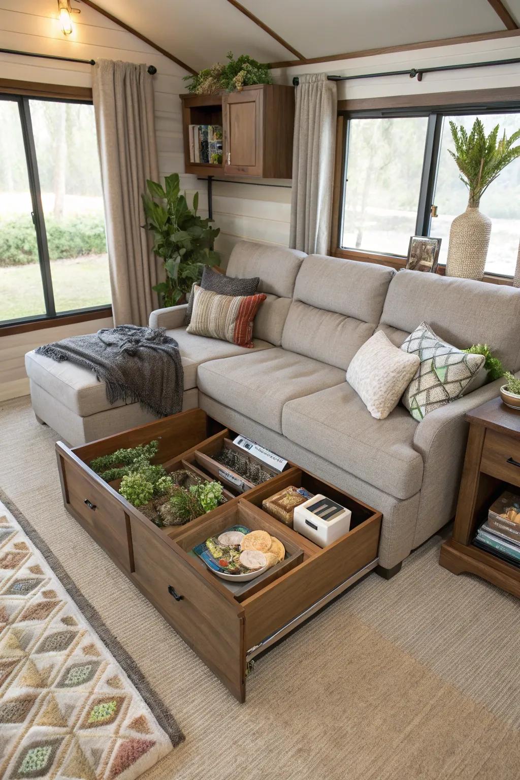 Multi-functional furniture helps maximize space without compromising elegance.