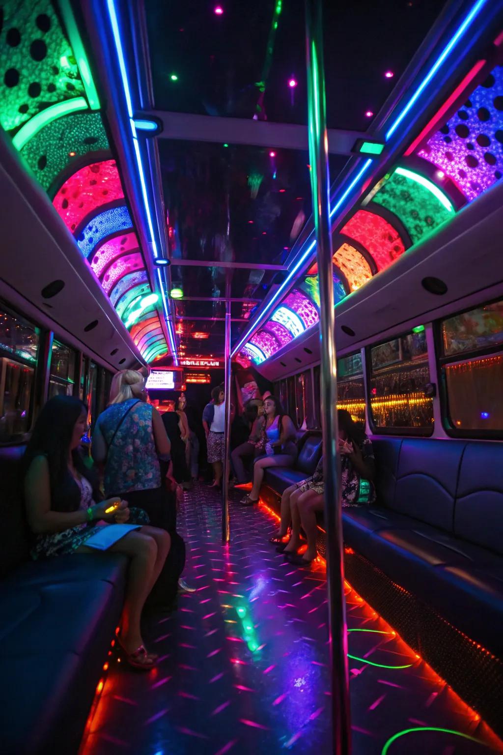 OpticFlow and LuminaGlow lighting turns the bus into a party sanctuary.