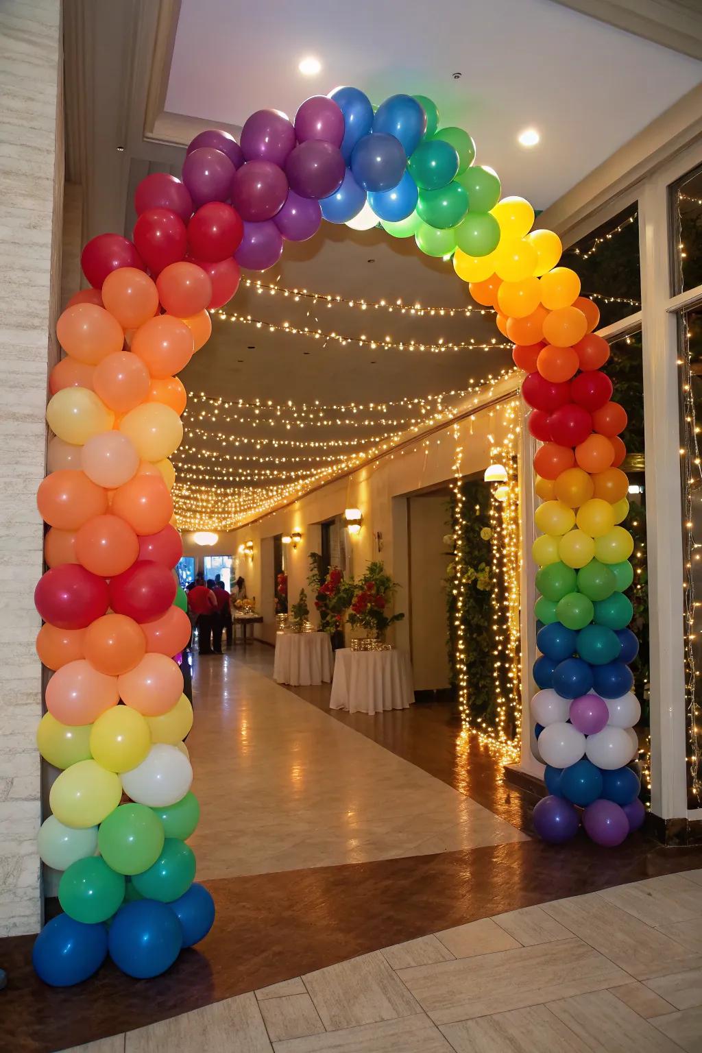 A festive balloon arch introduces a burst of color and excitement to any party entryway.
