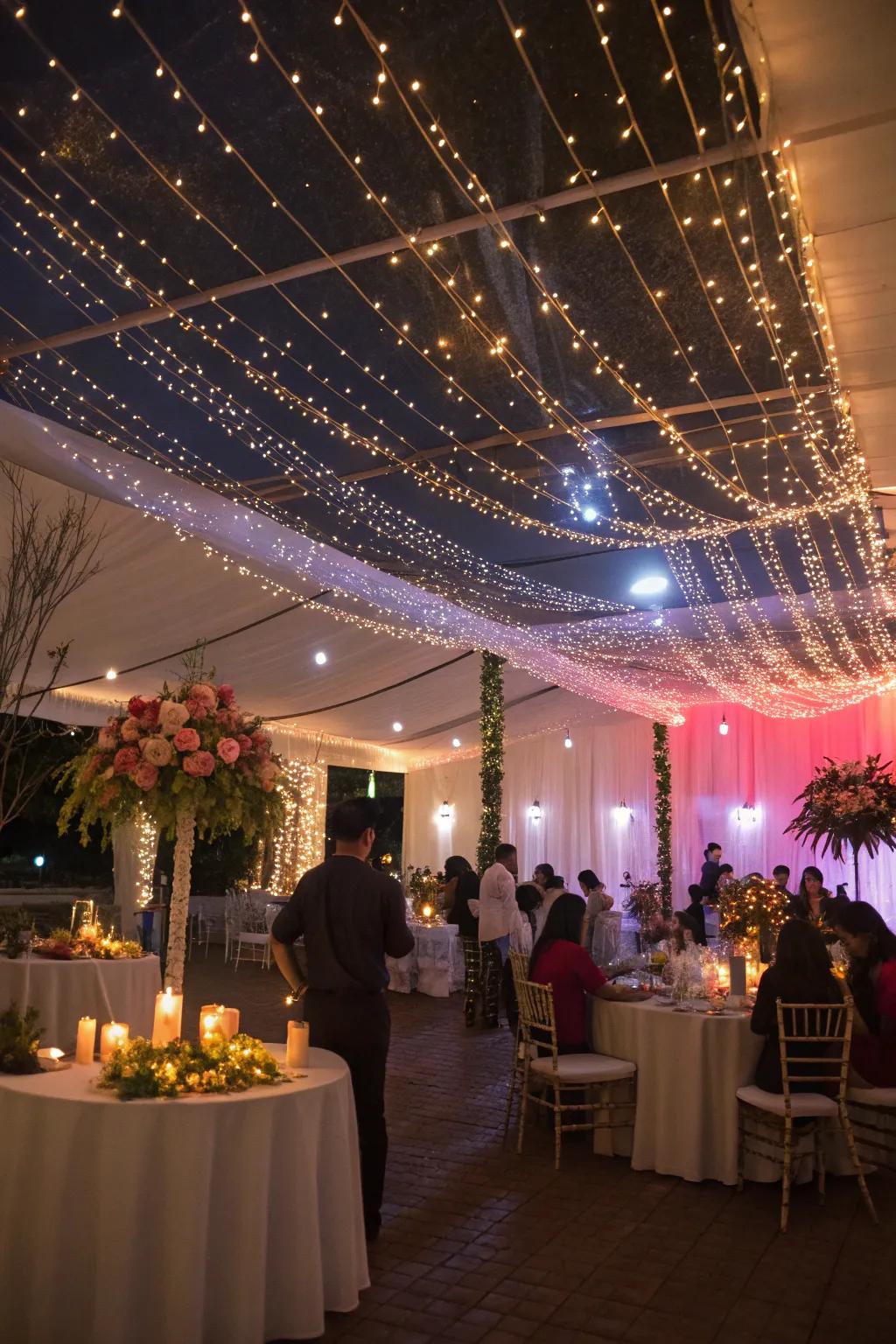 Drape twinkle lights to conjure a magical party atmosphere.