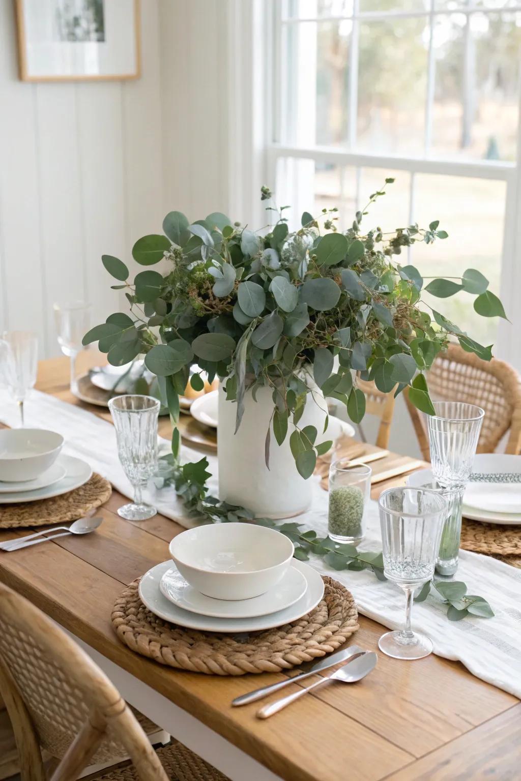 A natural centerpiece enhanced with eucalyptus leaves for a revitalizing ambiance.
