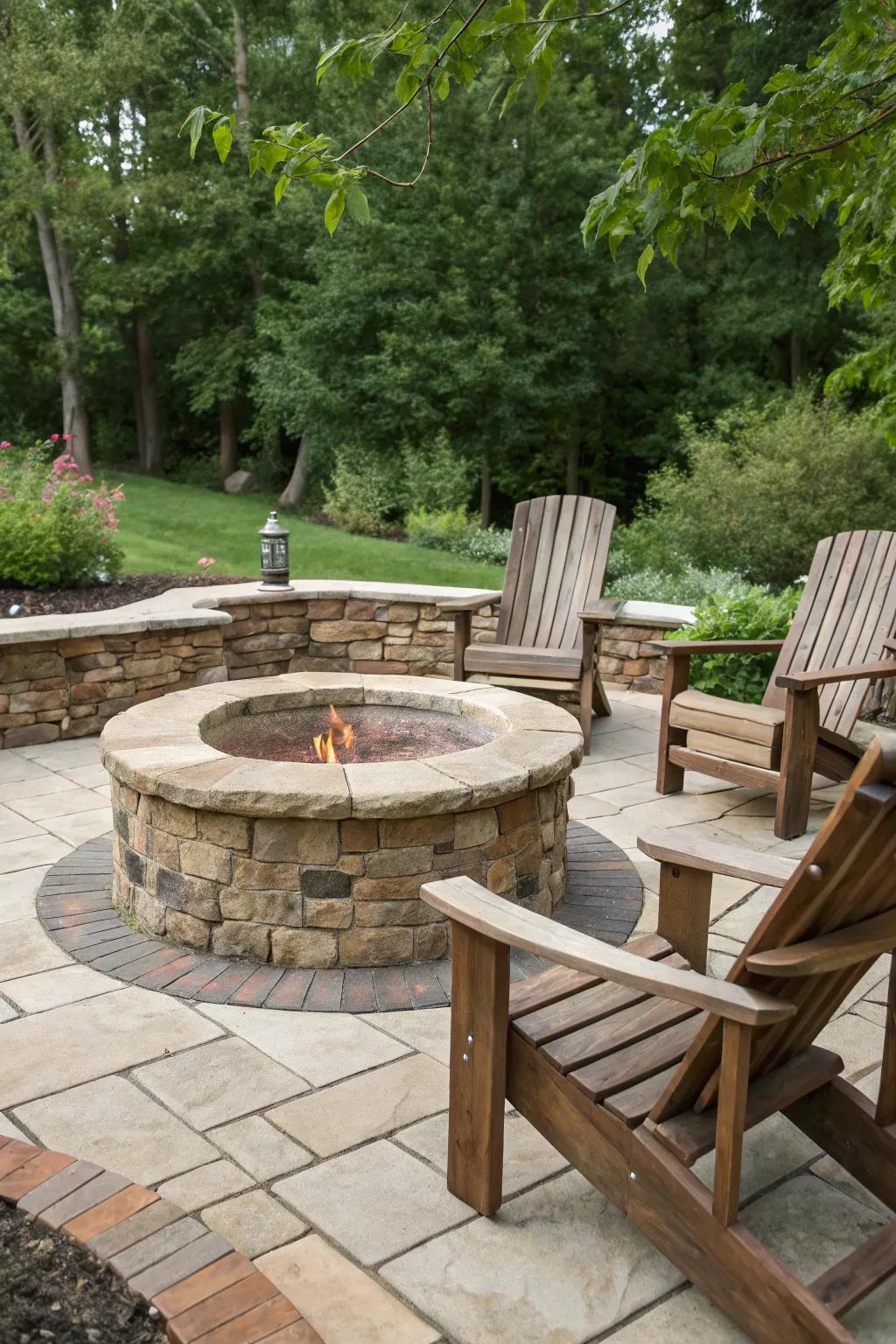A classic stone and brick fire pit creates a perennial gathering place.
