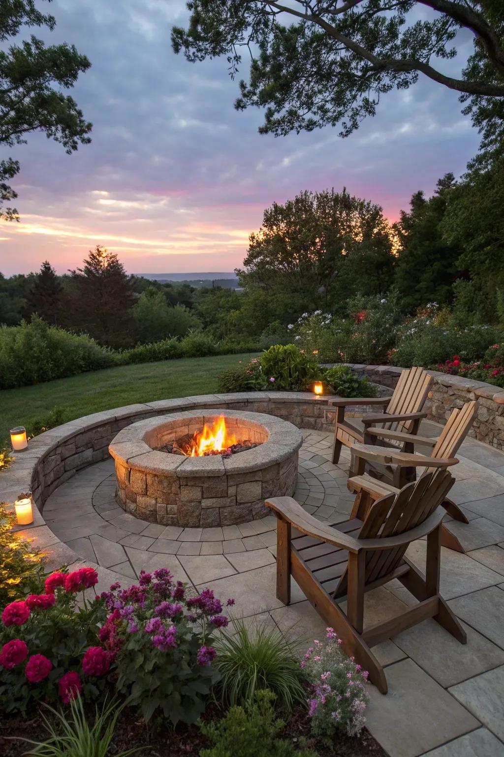 A timeless round stone firepit is just right for intimate get-togethers.