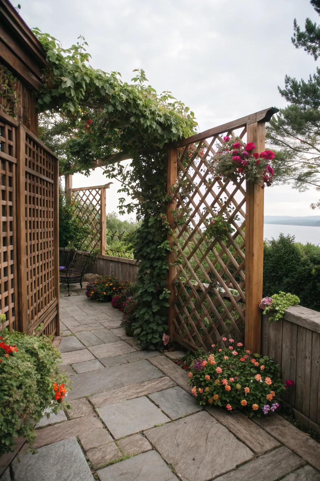 Timber weave seclusion screens fashion a sheltered and intimate patio retreat.