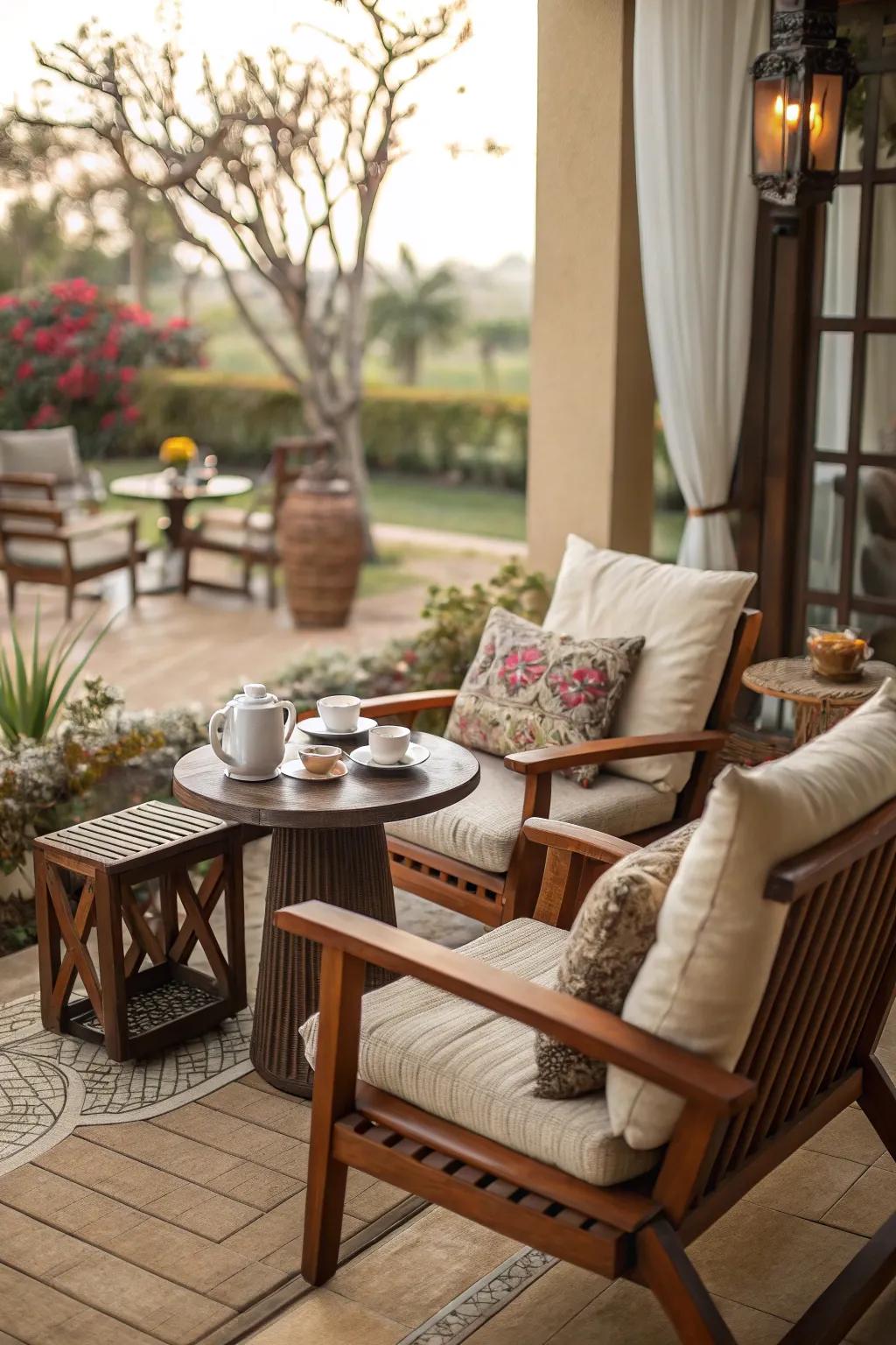 An inviting seating spot with comfortable cushions is key for an inviting patio.