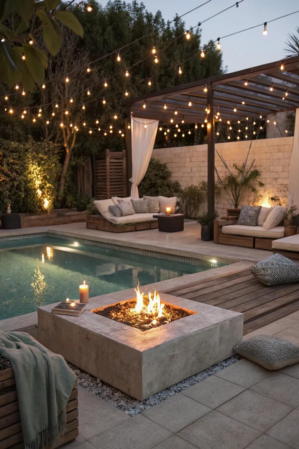 Set a cozy mood by including a fire feature near your pool.