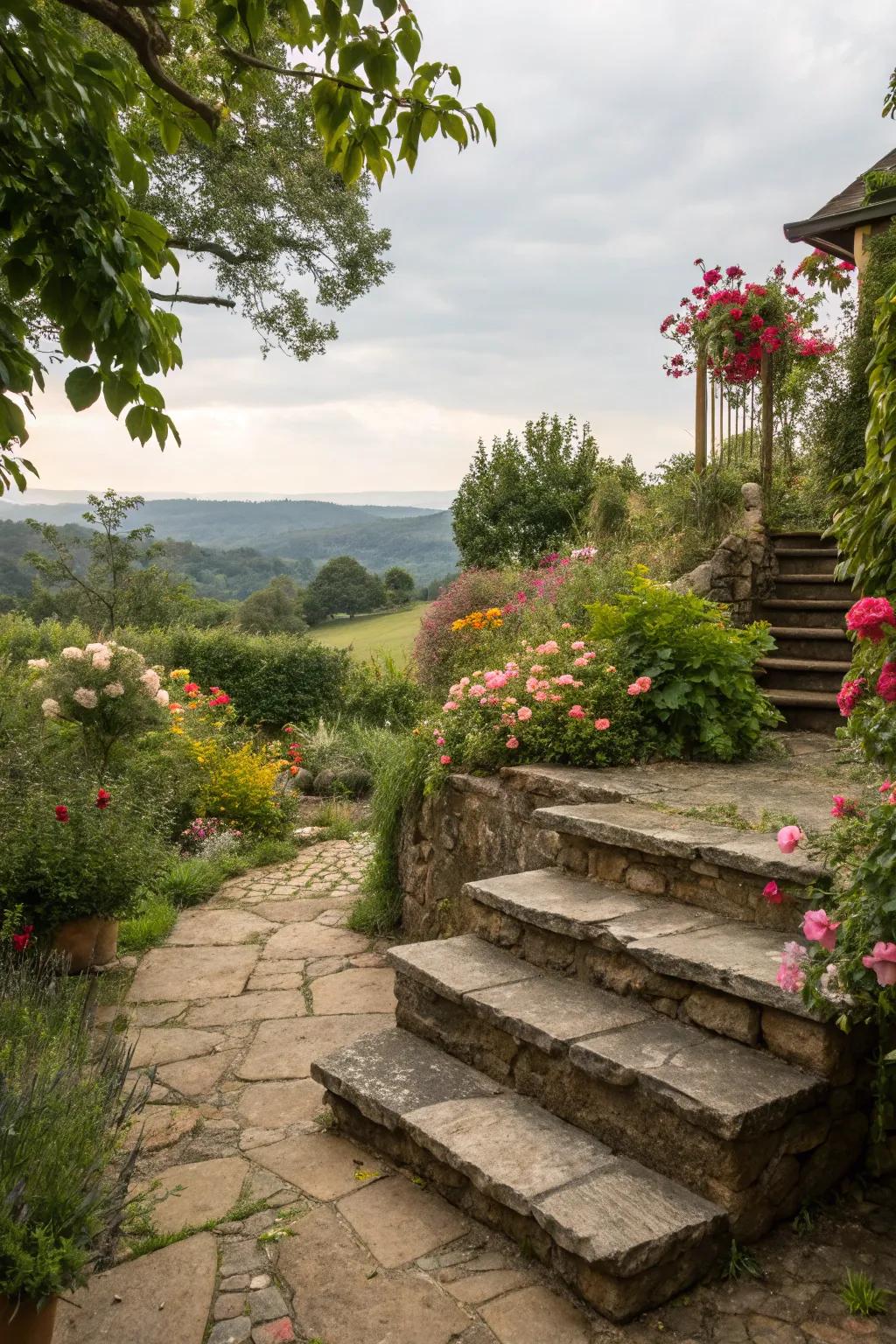 Rustic stone steps blend seamlessly with nature.