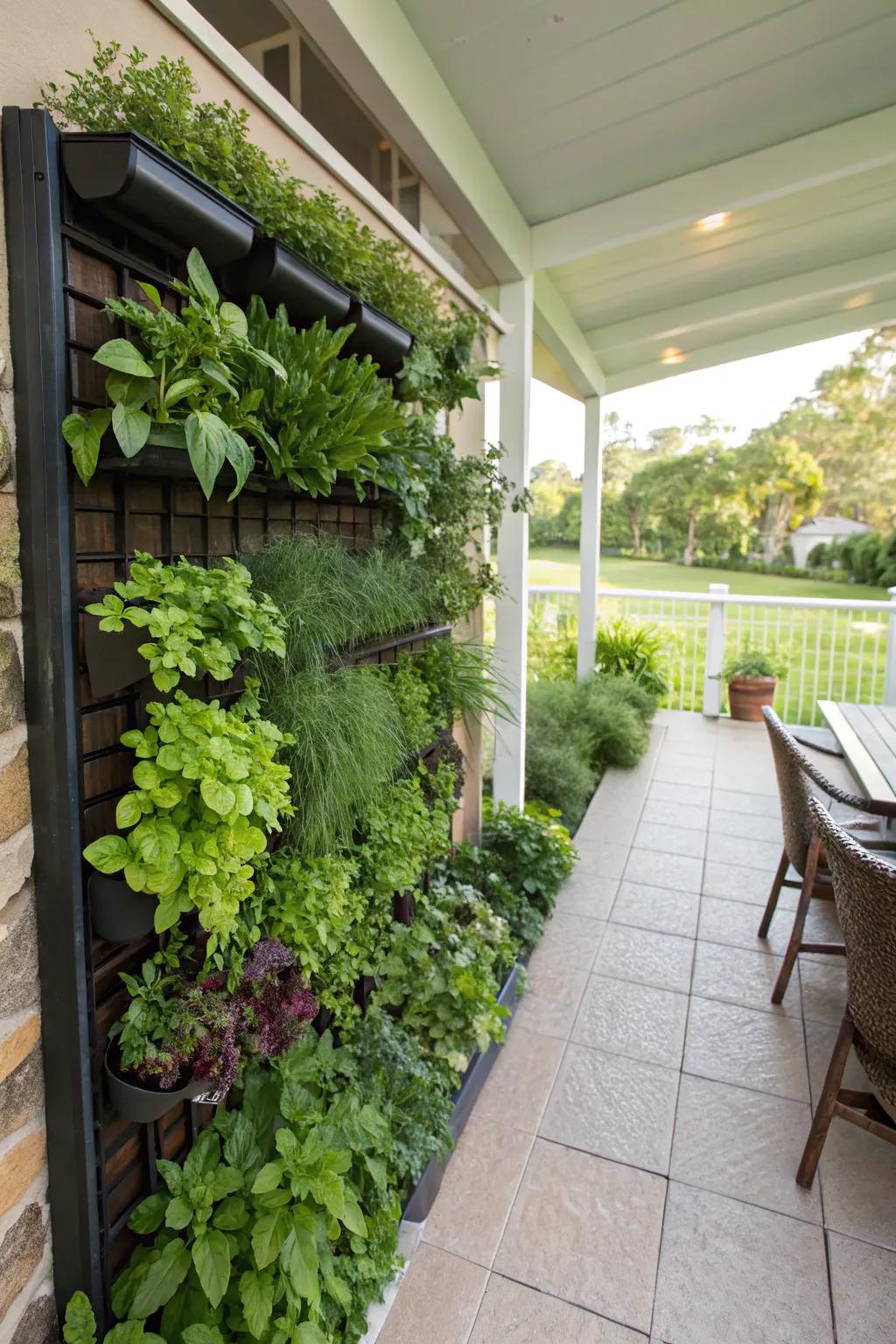 An upright garden display overflowing with fresh herbs and greens.