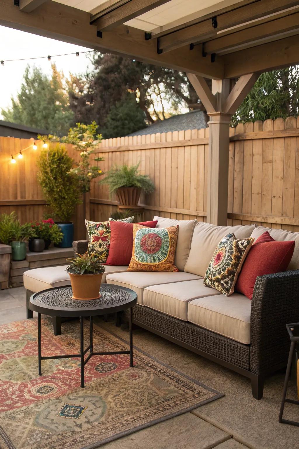 A cozy area featuring comfortable seating and lively pillows.