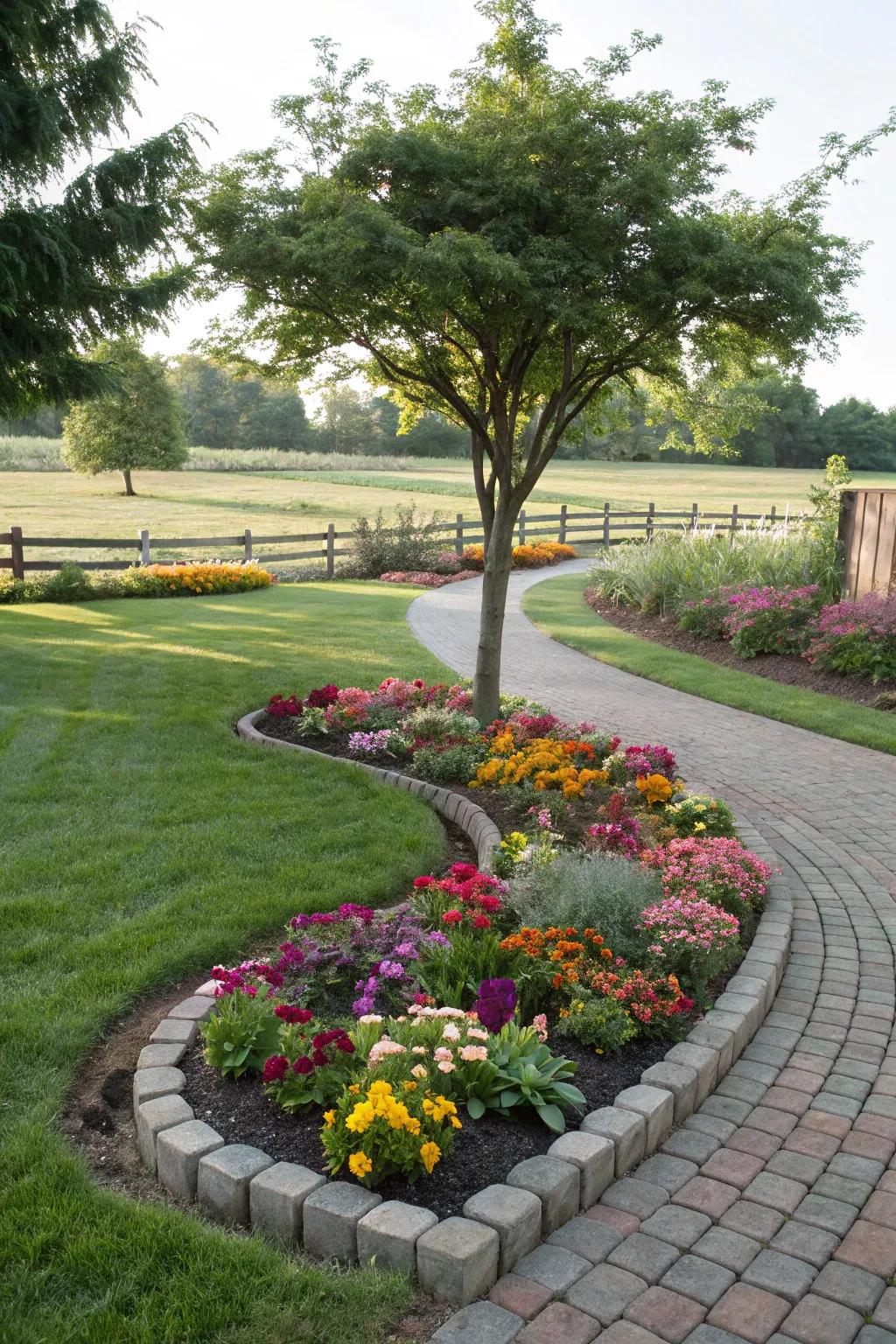 Curved paver flower beds introduce an element of sophistication to any garden setting.