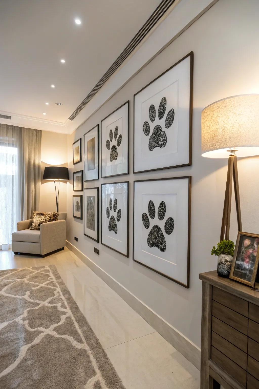 Framed paw print art adding personality to a chic room.