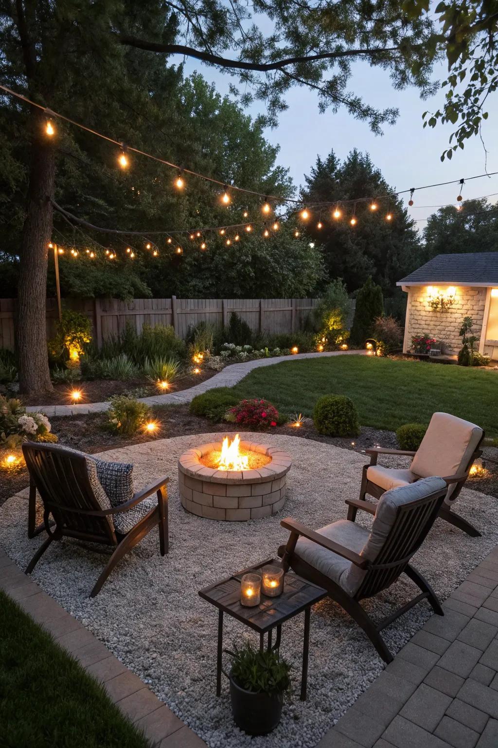 Enhance your evenings with a pea gravel fire pit area.