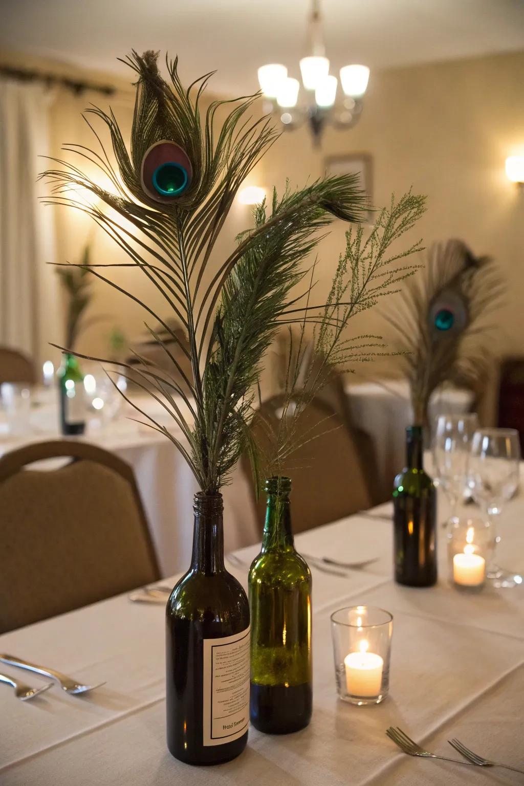 Grape juice vessels elegantly repurposed as vases for plume bird quills.