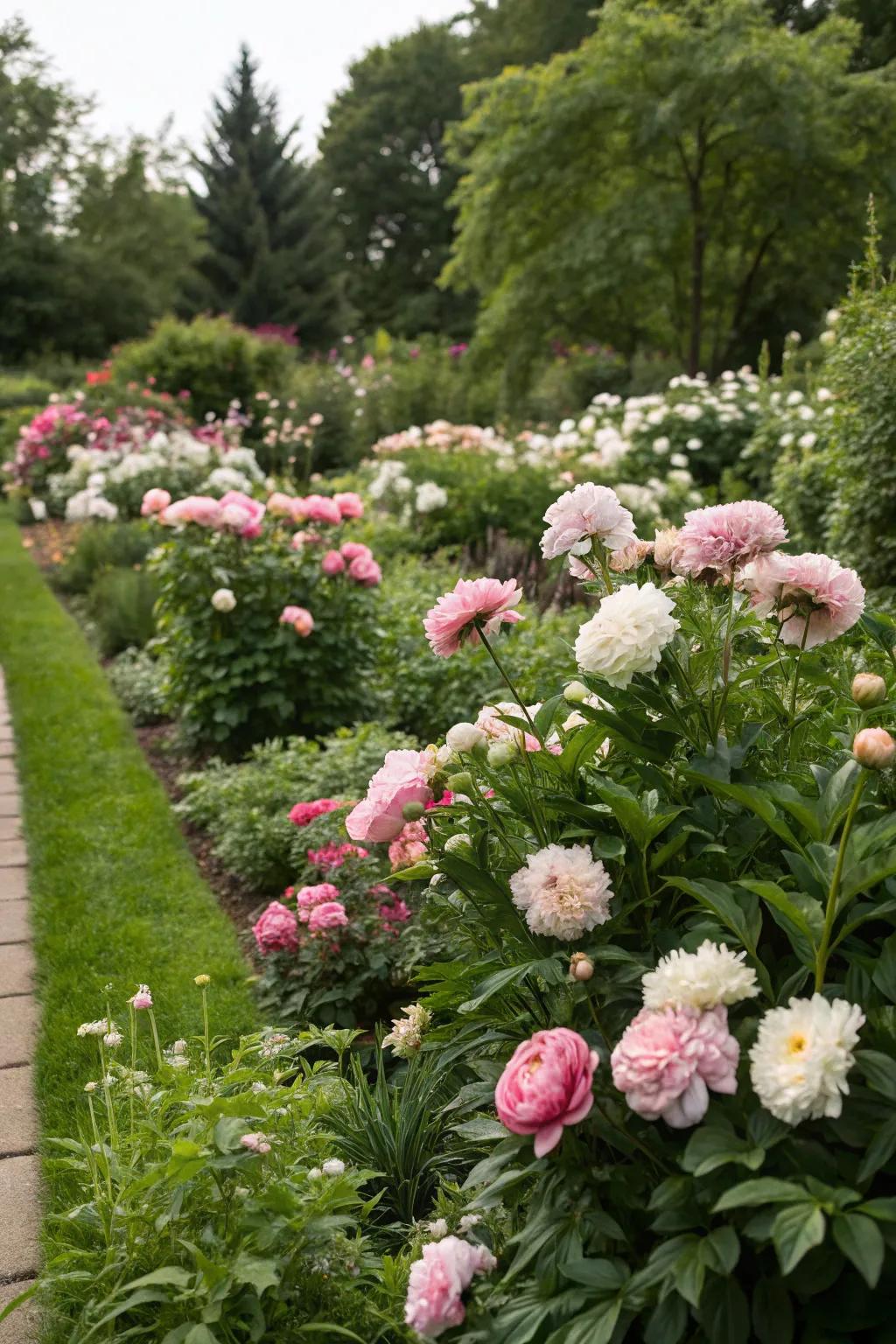 A vibrant medley of peonies creating an eye-catching garden vista.