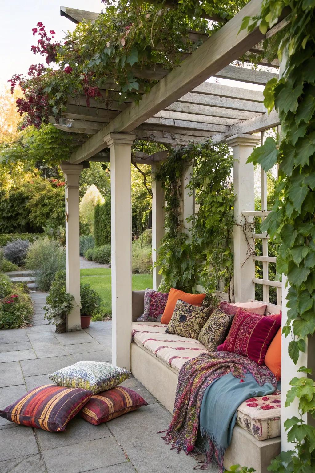 A comfortable seating arrangement beneath the pergola promotes leisure and ease.