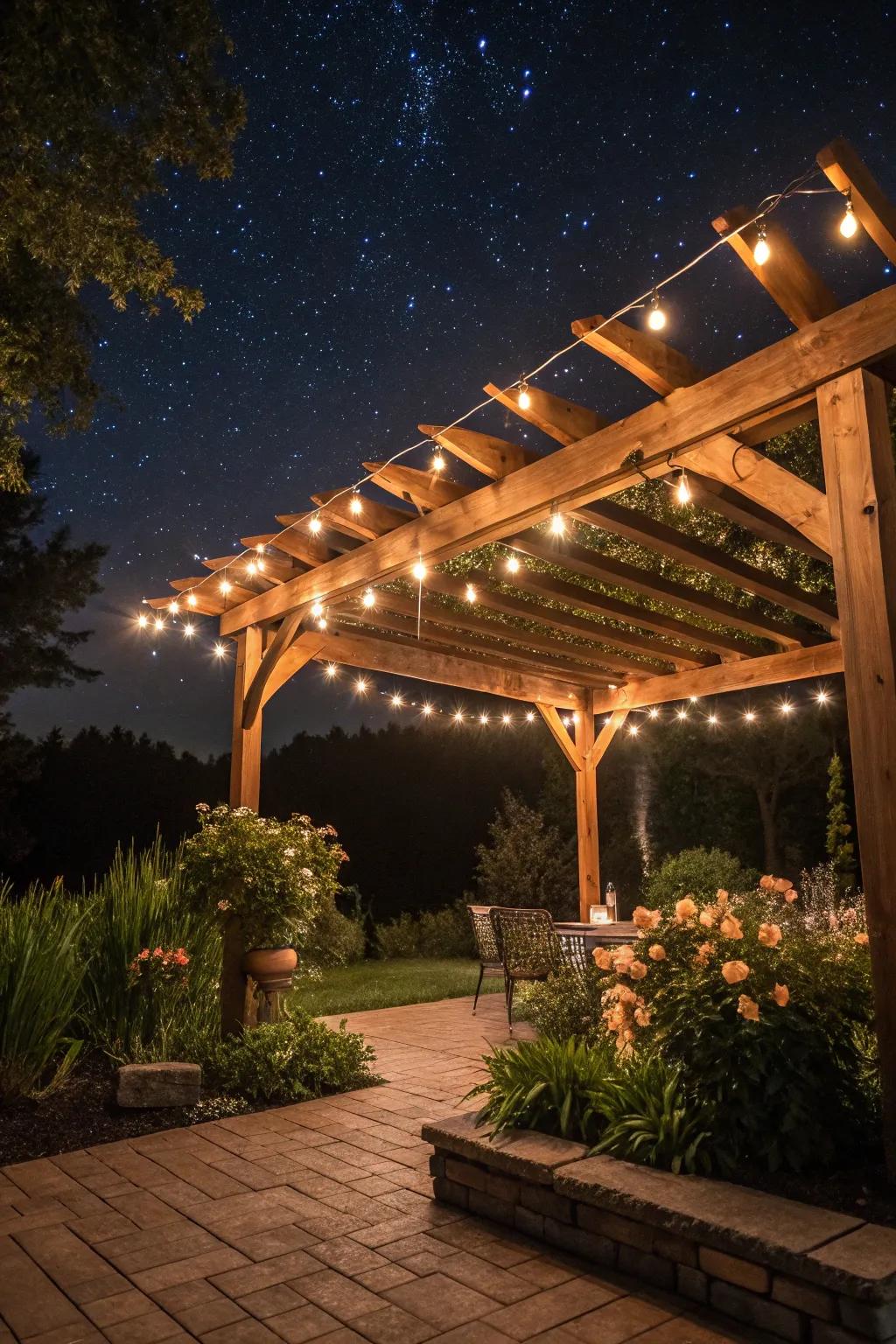 Twinkling lights give your pergola a magical touch, ideal for relaxing during the evening.